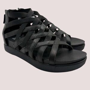 EILEEN FISHER AIRY WEDGE BLACK‎ LEATHER SANDALS Size 8 1/2